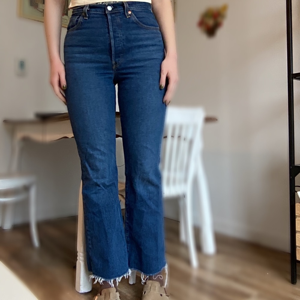 Levi’s bootcut rib cage denim with frayed hem, size 29